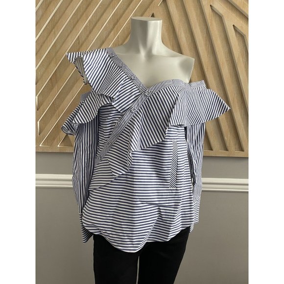 SELF-PORTRAIT Striped Off Shoulder Asymmetric Frill Shirt - Size 2 - Picture 3 of 12